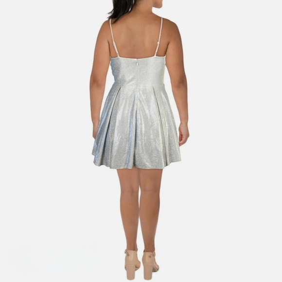 Silver/Blue Metallic Ruffled Fit & Flare Dress Juniors 14 *NWT $169 - Picture 2 of 9
